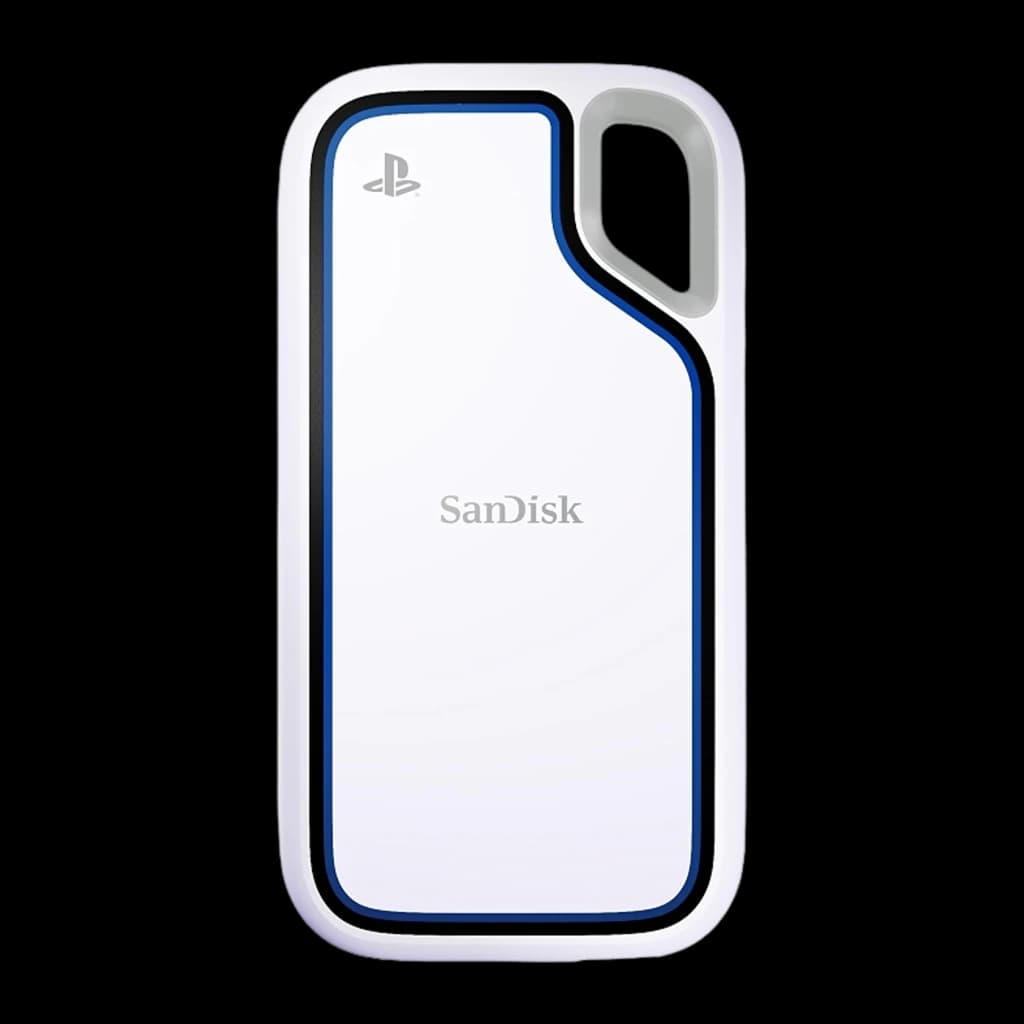 SanDisk Extreme Portable SSD IP55 1TB blanc, vue avant: corps blanc avec bordure bleue, logo PlayStation et anneau gris en