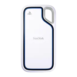 SanDisk Extreme Portable SSD IP55 1TB blanc, vue avant: corps blanc avec bordure bleue, logo PlayStation et anneau gris en