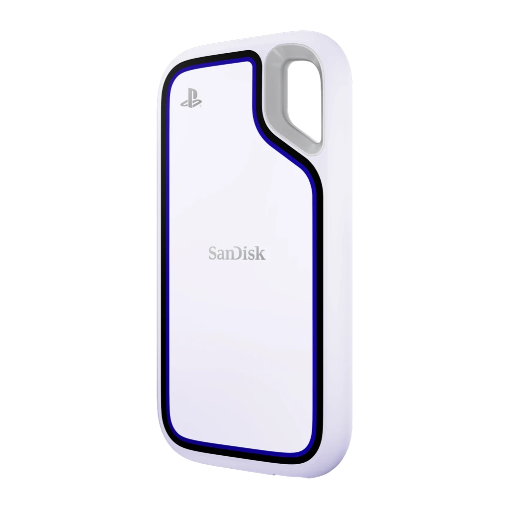 SanDisk Extreme Portable SSD IP55 1TB blanc, vue latérale: corps blanc avec bordure bleue, logo PlayStation et anneau gris