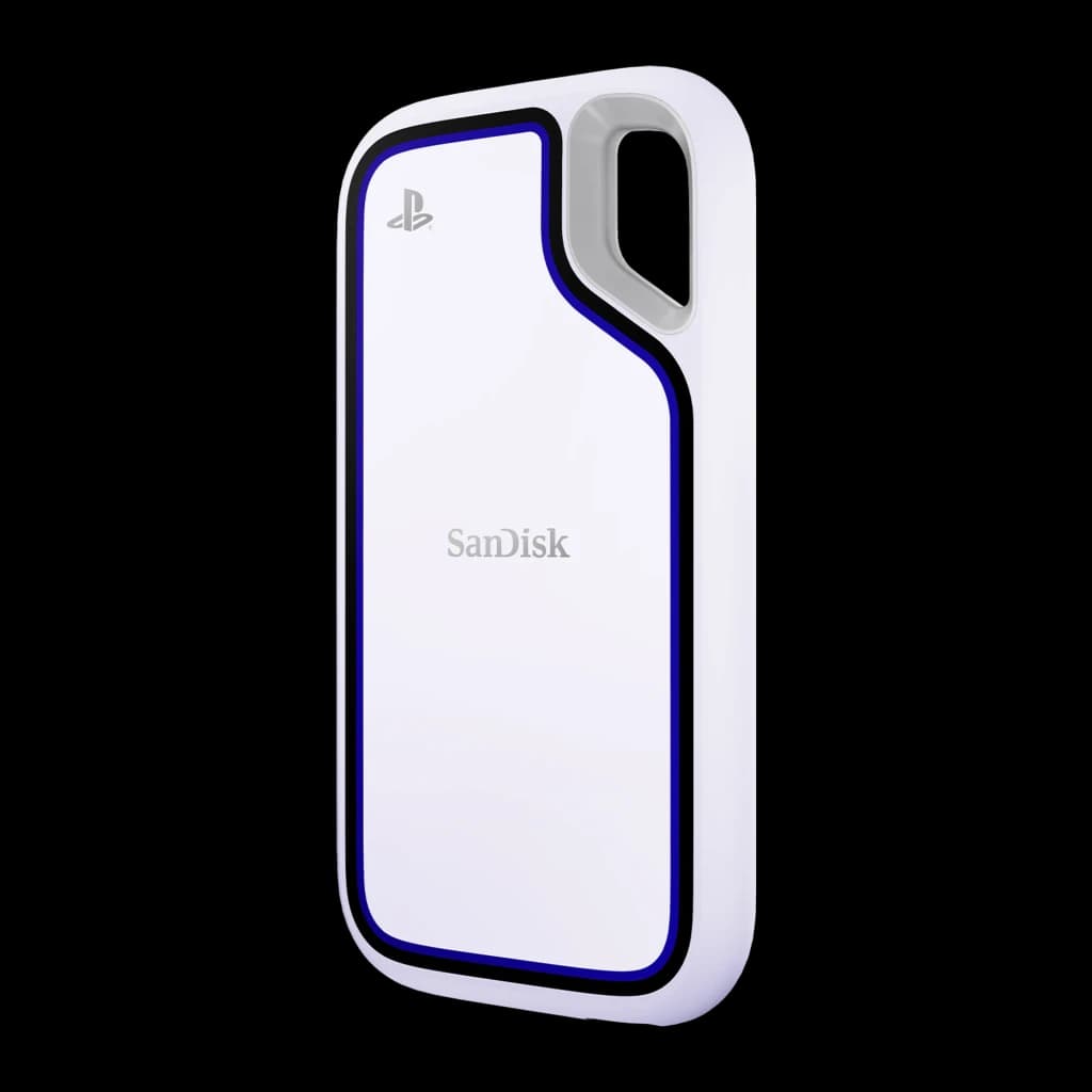 SanDisk Extreme Portable SSD IP55 1TB blanc, vue latérale: corps blanc avec bordure bleue, logo PlayStation et anneau gris