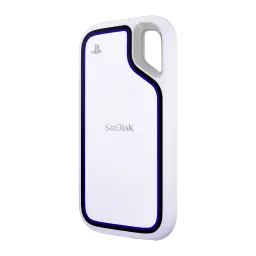 SanDisk Extreme Portable SSD IP55 1TB blanc, vue latérale: corps blanc avec bordure bleue, logo PlayStation et anneau gris