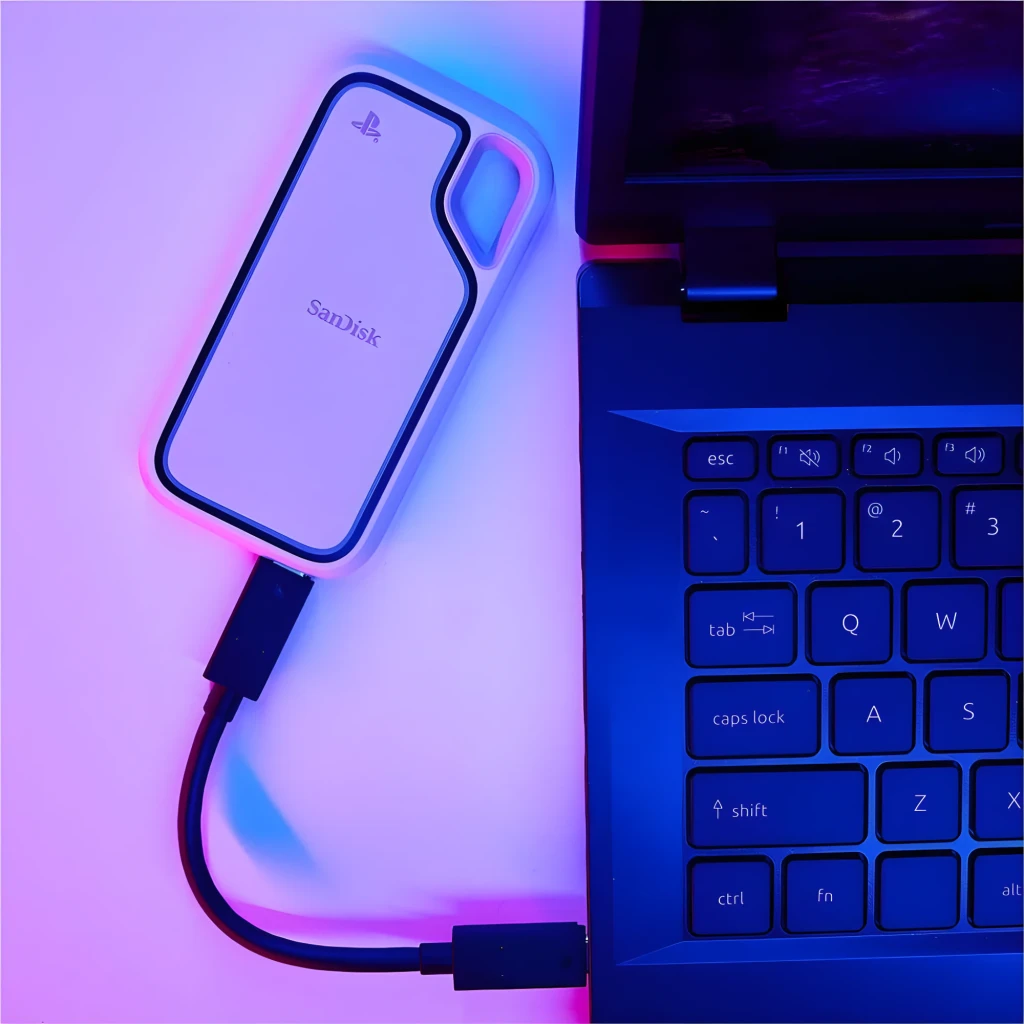 SanDisk Extreme Portable SSD IP55 1TB blanc, utilisation: connecté par câble USB-C à un laptop avec éclairage LED