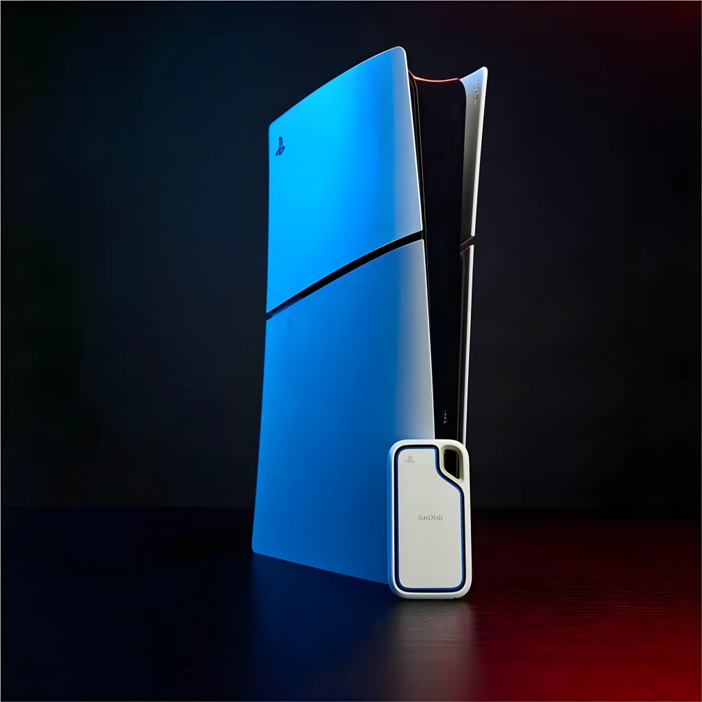 SanDisk Extreme Portable SSD IP55 1TB, mise en scène: SSD posé contre une PS5 Slim sous éclairage bleu et rouge dramatique