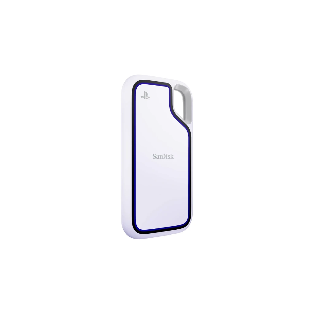 SanDisk Extreme Portable SSD IP55 1TB blanc, vue latérale: bordure bleue, logo PlayStation et boucle intégrée