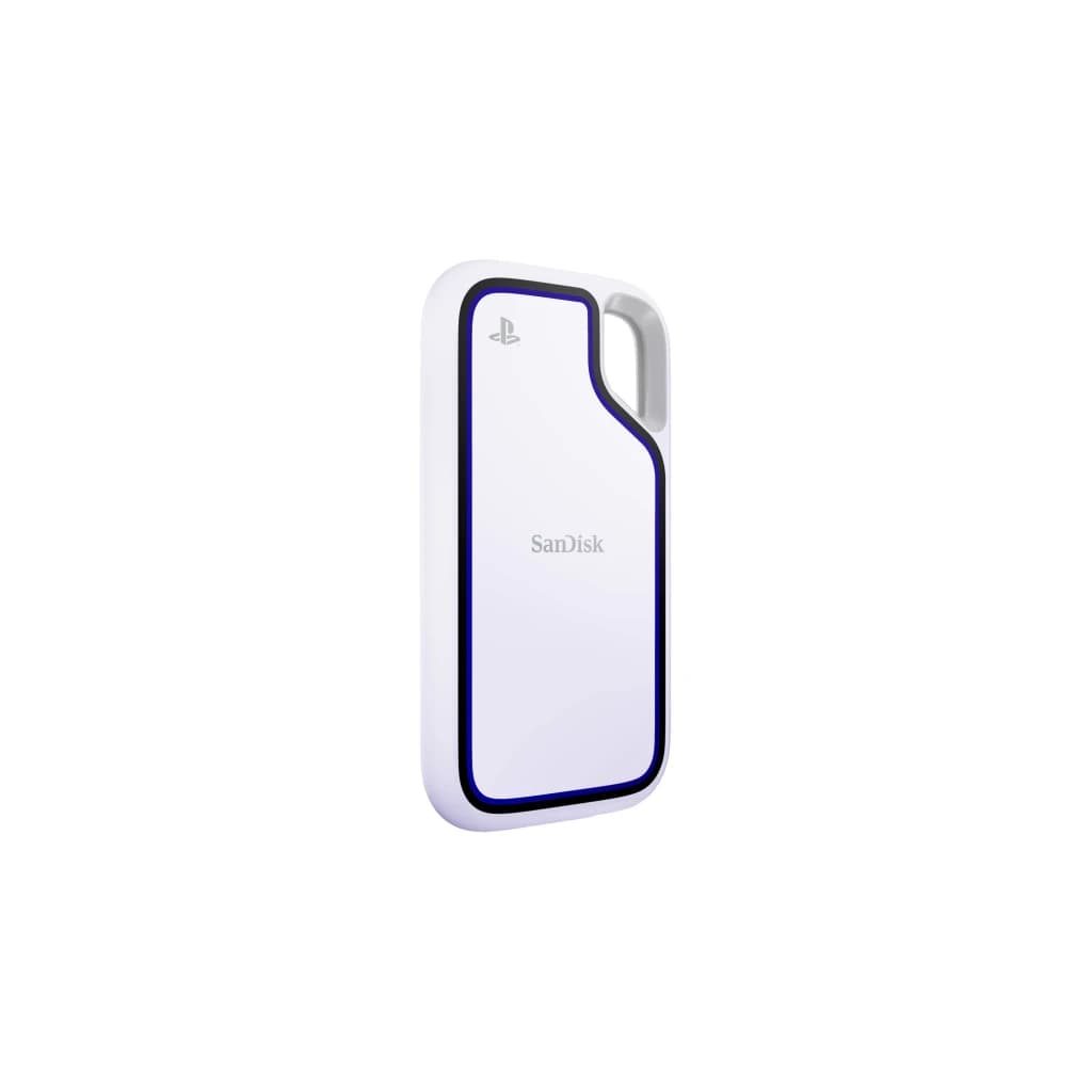 SanDisk Extreme Portable SSD IP55 1TB blanc, vue latérale: bordure bleue, logo PlayStation et boucle intégrée
