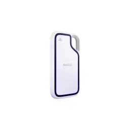 SanDisk Extreme Portable SSD IP55 1TB blanc, vue latérale: bordure bleue, logo PlayStation et boucle intégrée