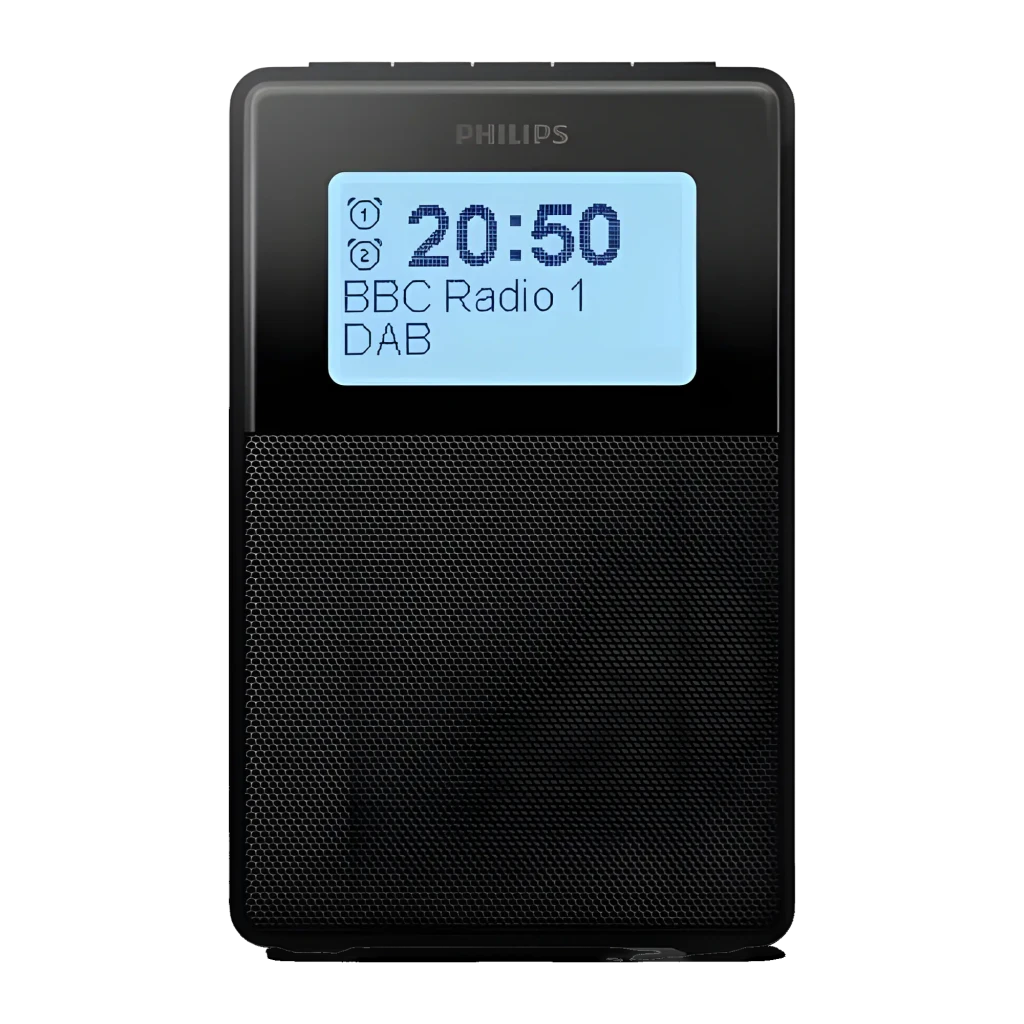 Philips Rádio Relógio TAR5100/10 Preto, vista frontal: ecrã LCD com hora 20:50 e BBC Radio 1 DAB, grelha do altifalante