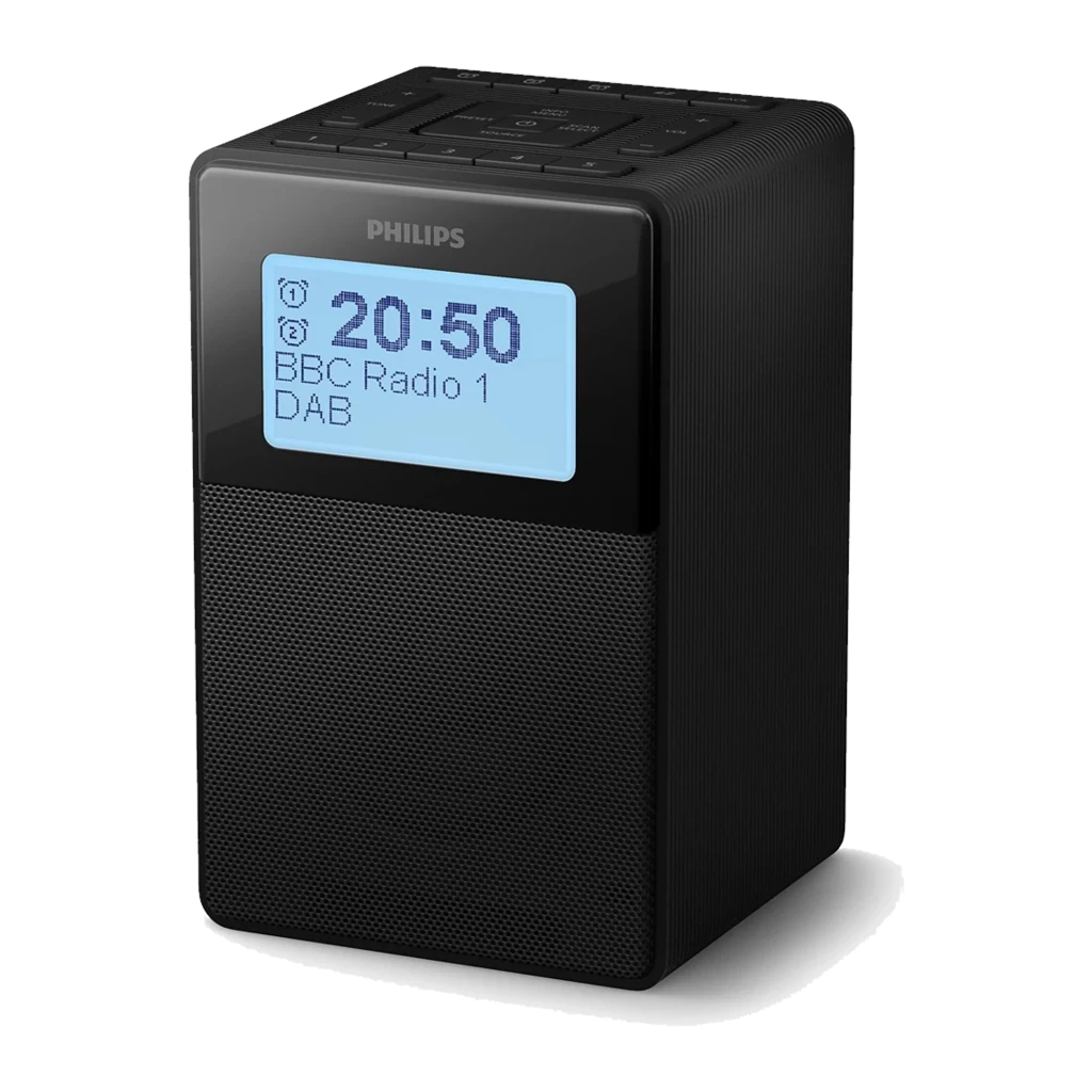 Philips Rádio Relógio TAR5100/10 Bluetooth FM/DAB+ preto, vista frontal-lateral direita: ecrã LCD com BBC Radio 1 DAB e