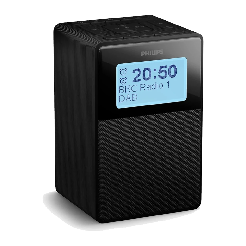 Philips Rádio Relógio TAR5100/10 Bluetooth FM/DAB+ preto, vista frontal-lateral esquerda: ecrã LCD com hora 20:50 e grelha