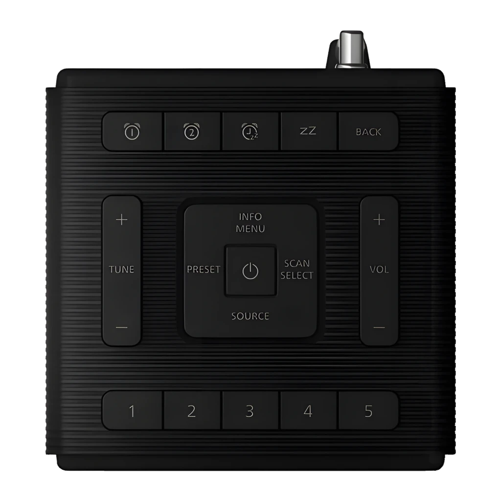 Philips Rádio Relógio TAR5100/10 Bluetooth FM/DAB+ preto, vista superior: botões TUNE, VOL, alarmes, ZZ, presets 1-5 e antena
