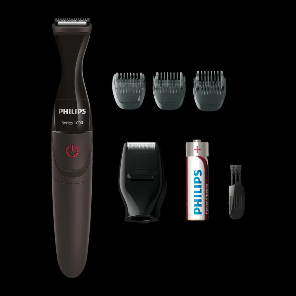 Philips Tondeuse MG1100/16 MULTIGROOM Series 1000 noir, contenu: tondeuse, 3 sabots, tête rasoir, pile AA et brosse de