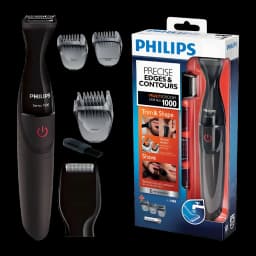 Philips Multigroom Series 1000 MG1100/16 noir, contenu: tondeuse avec accessoires et boîte à côté de l'appareil