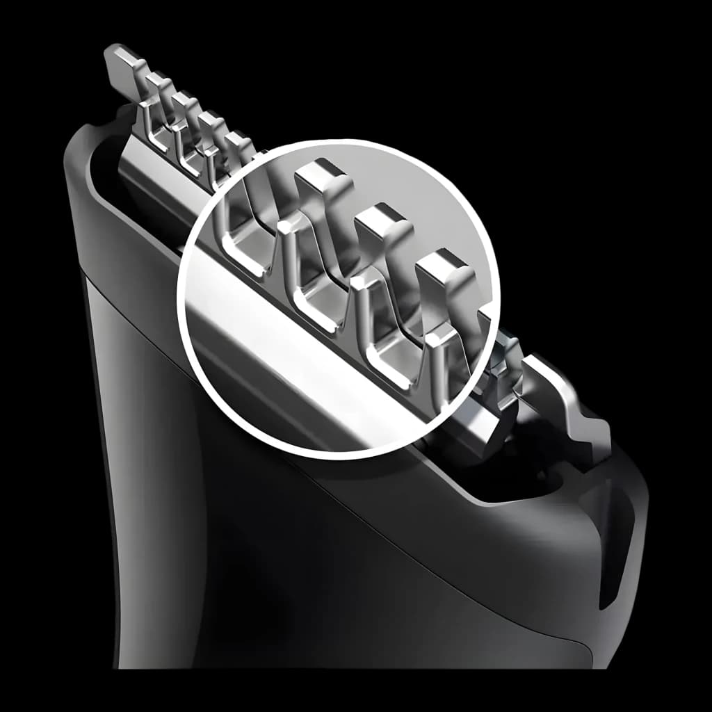Philips MG1100/16 MULTIGROOM 1000 noir, détail lame: zoom circulaire sur les dents en acier inoxydable du tondeuse