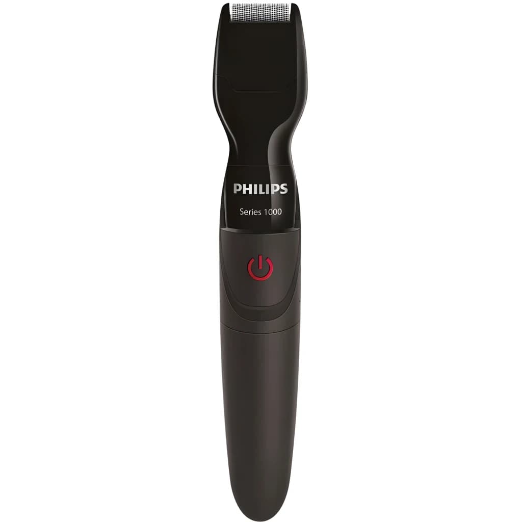Philips Multigroom Series 1000 MG1100/16 noir, vue de face: tondeuse entière avec lame, logo et bouton rouge