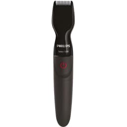 Philips Multigroom Series 1000 MG1100/16 noir, vue de face: tondeuse entière avec lame, logo et bouton rouge