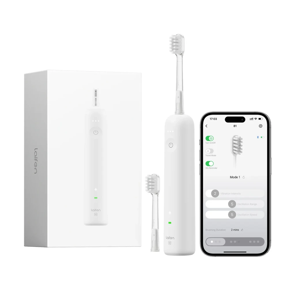 Laifen Wave ABS Branco, vista frontal: escova elétrica branca completa, botão de energia e luz LED verde - Item3