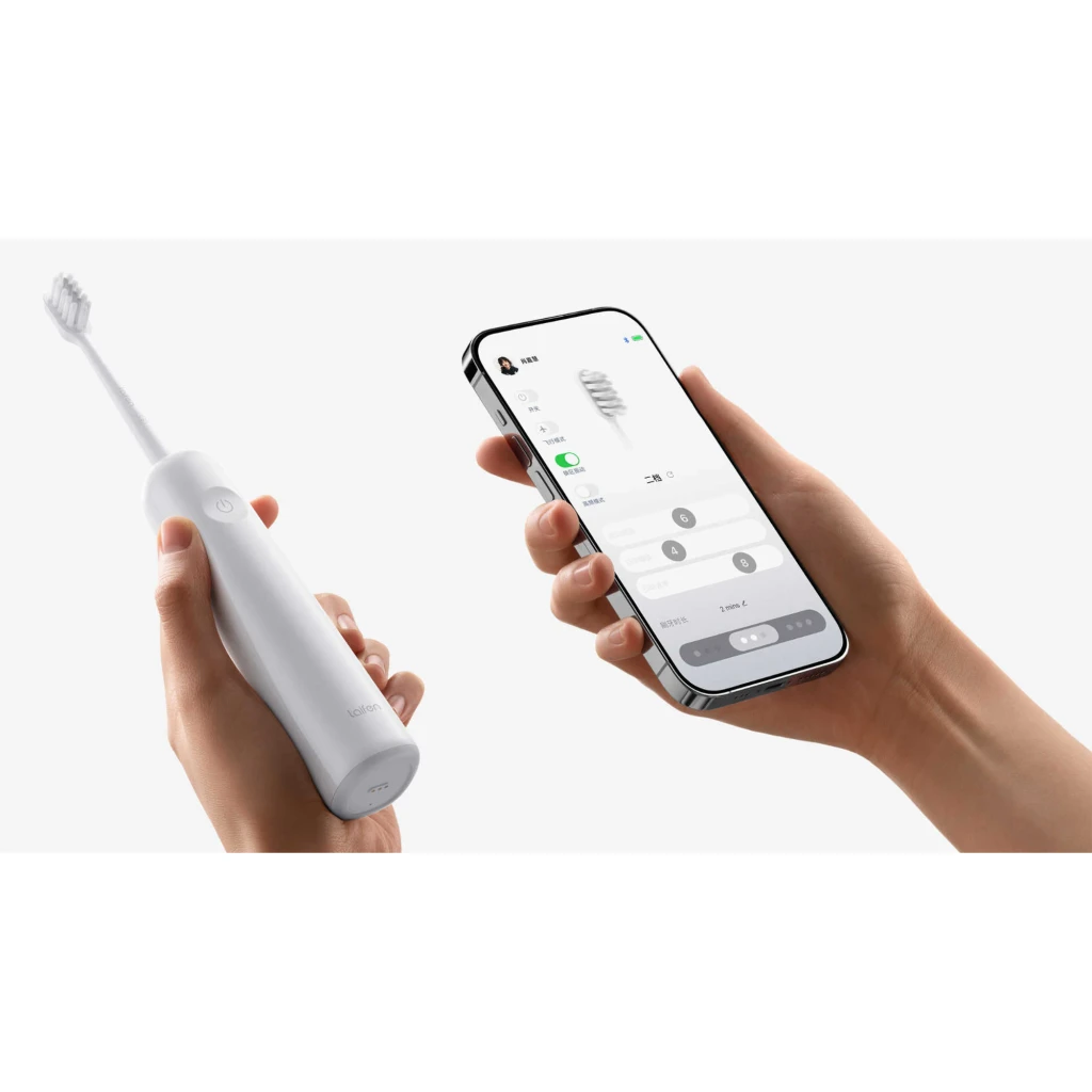 Laifen Wave ABS Branco, vista frontal: escova elétrica branca completa, botão de energia e luz LED verde - Item6