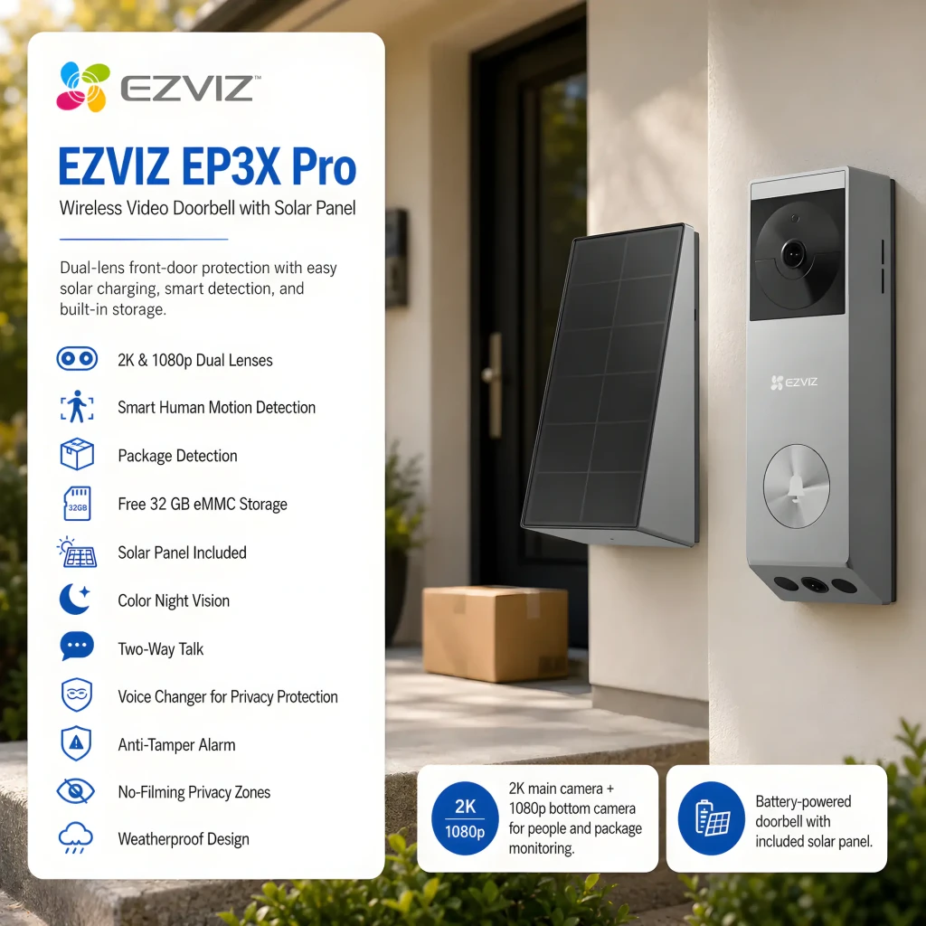 Ezviz EP3x Pro 32GB argent, vue de face: visiophone avec module caméra, bouton de sonnette et panneau solaire inclus - Ítem6