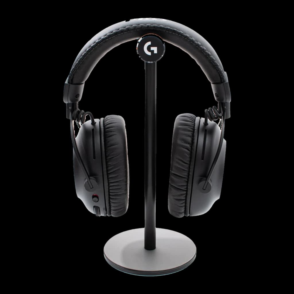Logitech Auriculares G Pro X 2 Preto, vista frontal: headset em suporte preto com logo G iluminado no arco