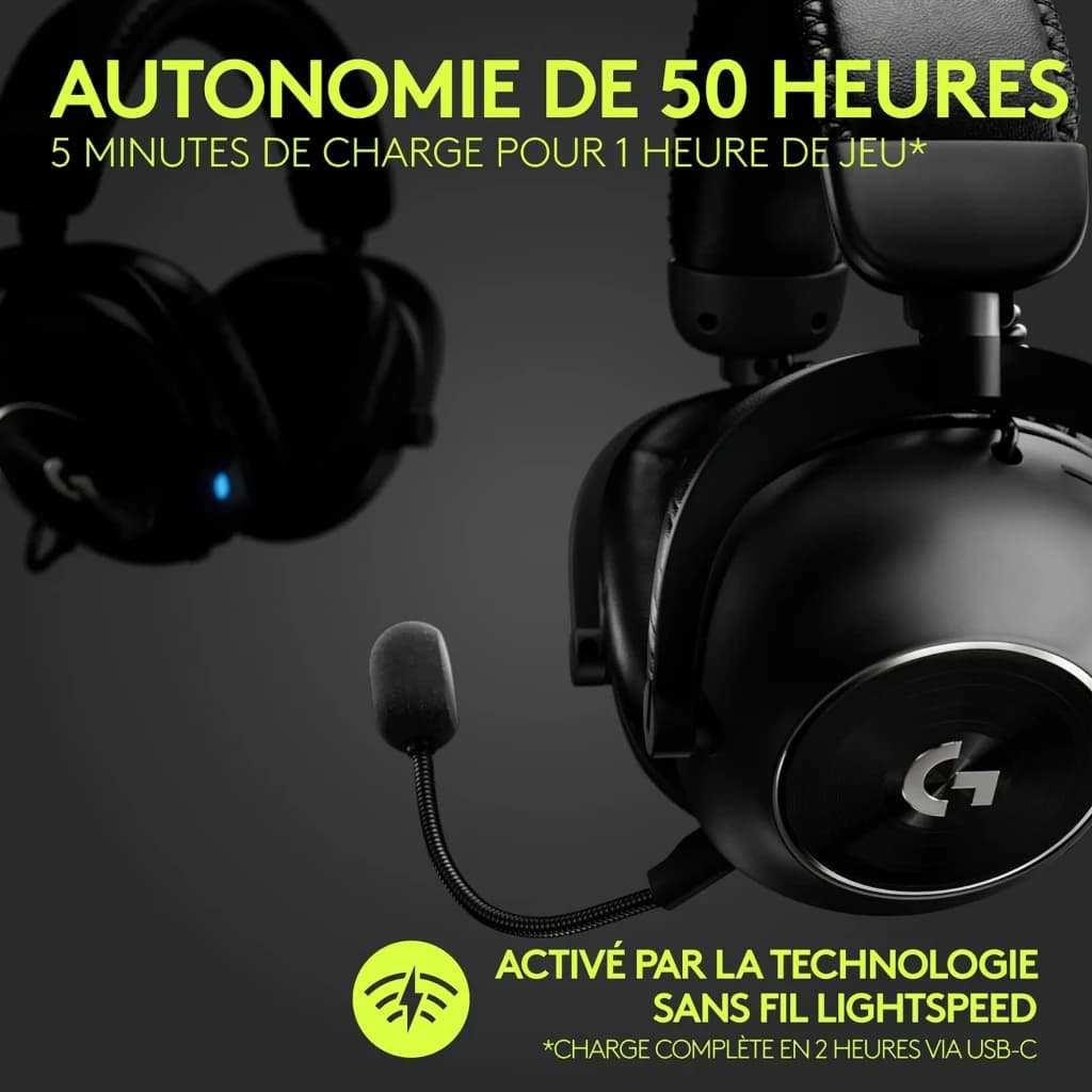 Logitech Auriculares G Pro X 2 Preto, detalhe: microfone flexível e logo G visíveis, texto autonomia 50 horas
