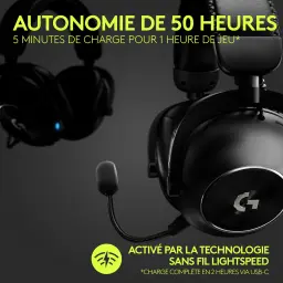 Logitech Auriculares G Pro X 2 Preto, detalhe: microfone flexível e logo G visíveis, texto autonomia 50 horas