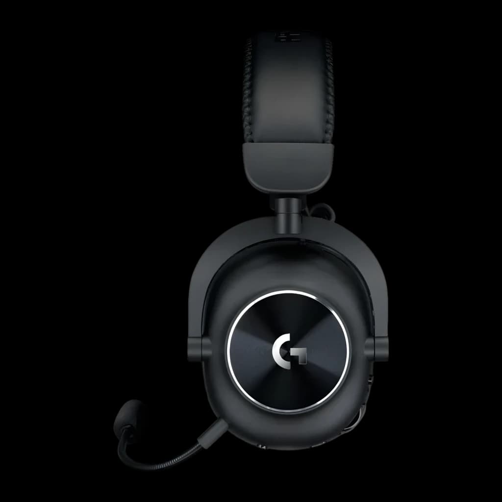Logitech Auriculares G Pro X 2 Preto, vista lateral: concha direita com logo G iluminado, microfone e arco acolchoado