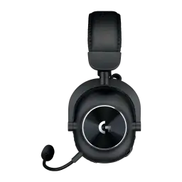 Logitech Auriculares G Pro X 2 Preto, vista lateral: concha direita com logo G iluminado, microfone e arco acolchoado
