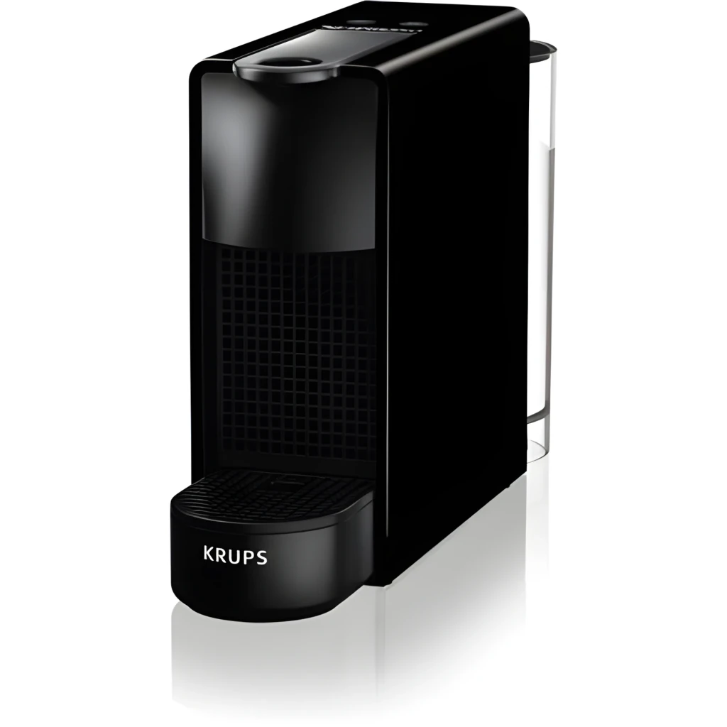 Krups Nespresso Essenza Mini preto, vista lateral: máquina compacta com chávena de espresso na bandeja e grelha frontal - Item4