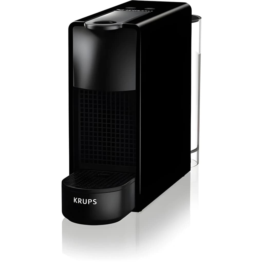 Krups Nespresso Essenza Mini noir, vue latérale: design compact, grille frontale, réservoir transparent et logo Krups
