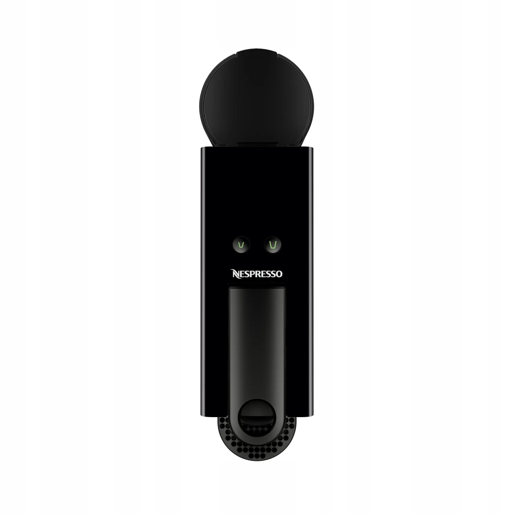 Krups Nespresso Essenza Mini preto, vista lateral: máquina compacta com chávena de espresso na bandeja e grelha frontal - Item6