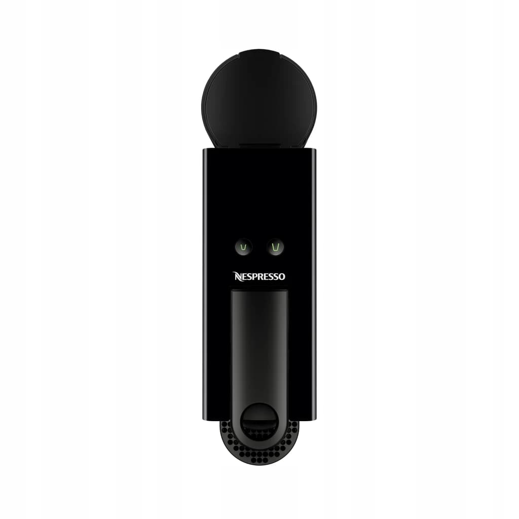 Krups Nespresso Essenza Mini noir, vue de face: couvercle rond, deux boutons LED verts et logo Nespresso