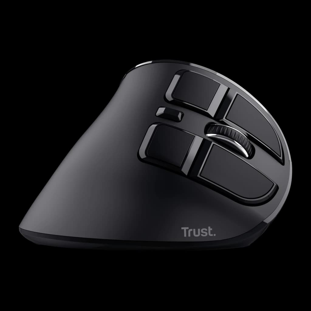 Trust Voxx Ratón Ergonómico Inalámbrico negro, vista lateral derecha: forma vertical, botones principales, rueda y logo Trust