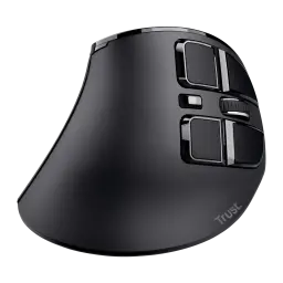 Trust Voxx Ratón Ergonómico Inalámbrico negro, vista frontal superior: botones en detalle, rueda y acabados cromados visibles