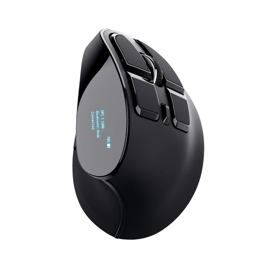 Trust Voxx Rato Ergonómico Sem Fios preto, vista lateral direita: forma vertical, botões principais, roda e logótipo Trust - Item4