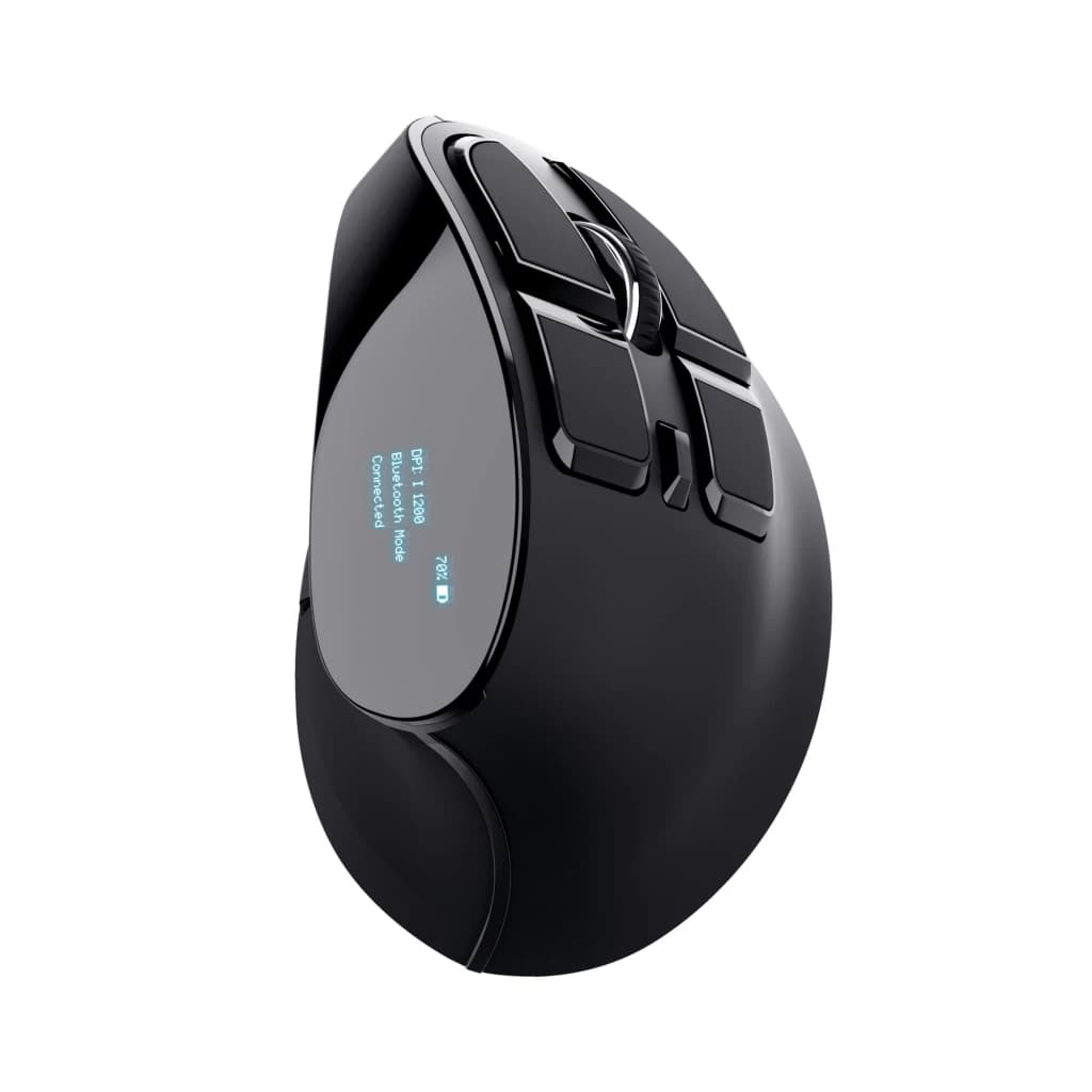 Trust Ratón Voxx Recargable Ergonómico Inalámbrico negro, vista lateral izquierda: pantalla OLED con DPI y modo Bluetooth