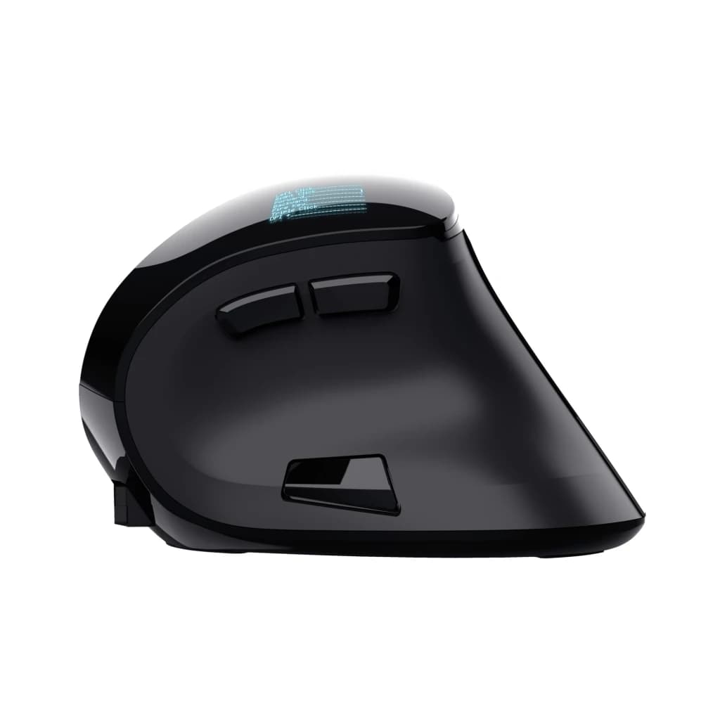 Trust Ratón Voxx Recargable Ergonómico Inalámbrico negro, vista lateral: botones laterales, logo azul y perfil vertical