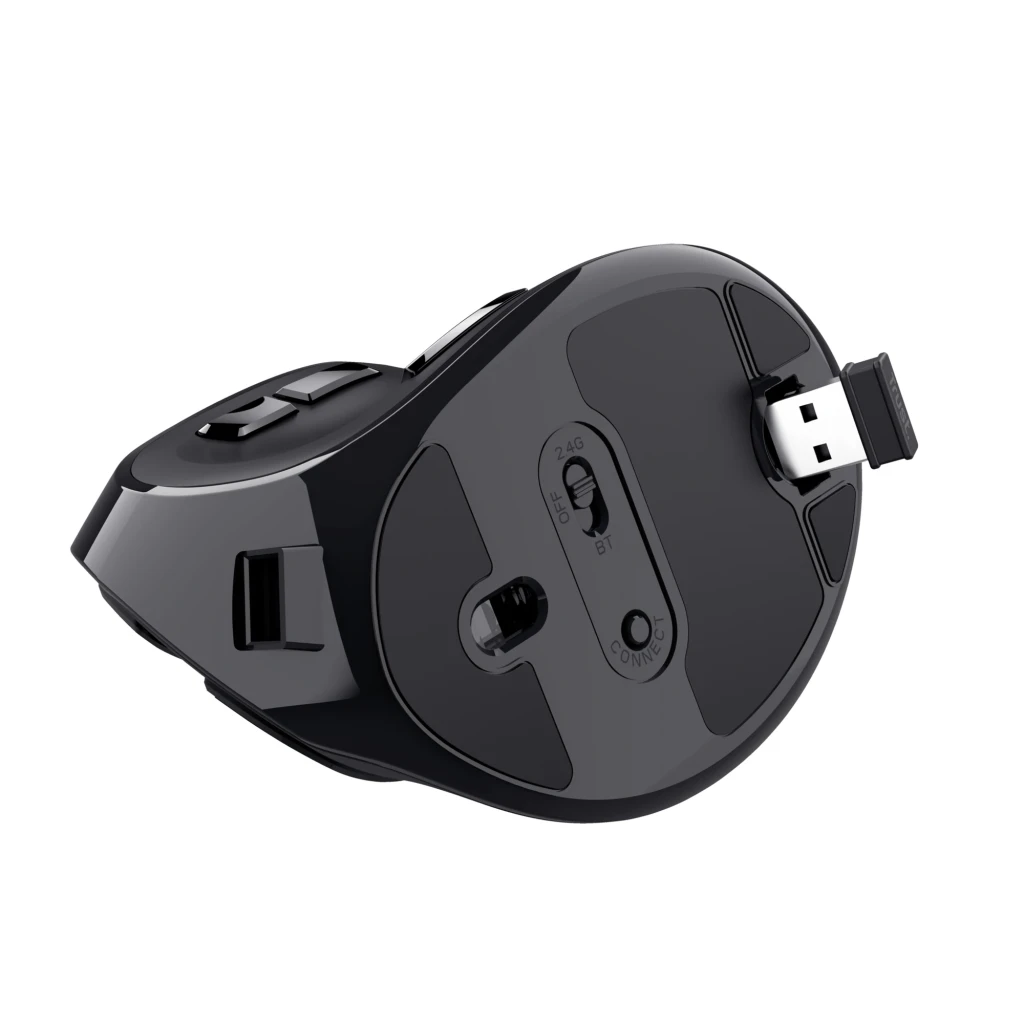 Trust Voxx Rato Ergonómico Sem Fios preto, vista lateral direita: forma vertical, botões principais, roda e logótipo Trust - Item5