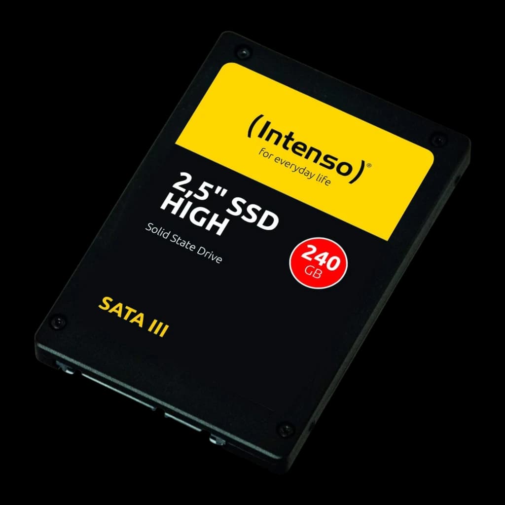 Intenso SSD High Performance 2.5" 240GB preto, vista frontal em ângulo: carcaça preta com etiqueta amarela e badge vermelho