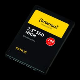 Intenso SSD High Performance 2.5" 240GB preto, vista frontal em ângulo: carcaça preta com etiqueta amarela e badge vermelho