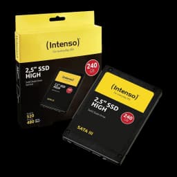 Intenso SSD High Performance 2.5" 240GB preto, vista frontal com caixa: unidade e embalagem amarela e preta