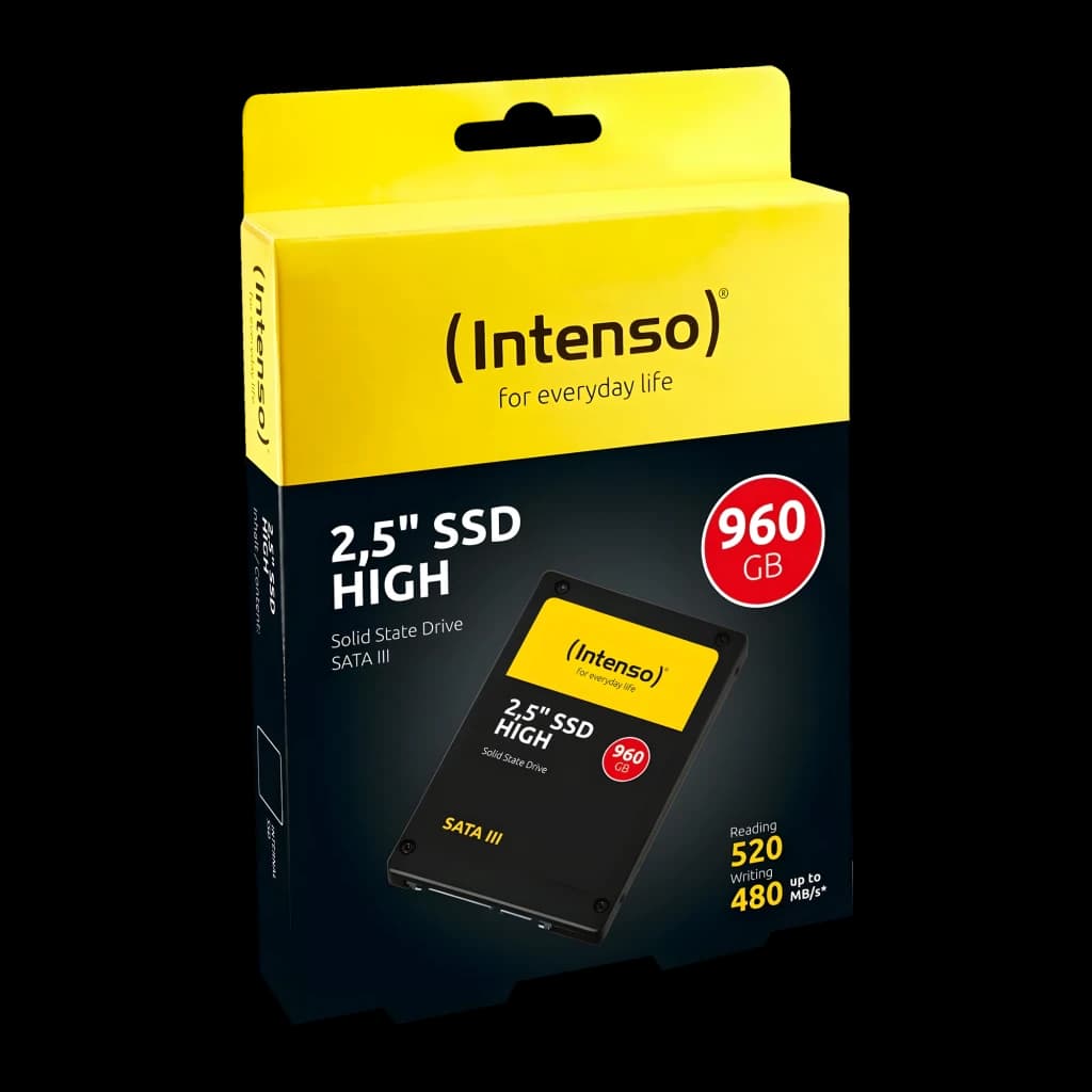 Intenso SSD High Performance 2.5" 240GB preto, caixa com produto: embalagem amarela e preta com SSD preto visível na frente