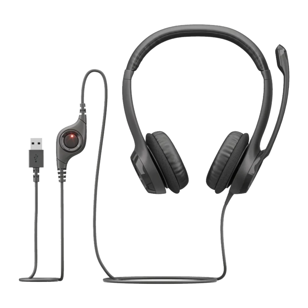 Logitech Auriculares H390 USB-C Negro, vista frontal en ángulo: diadema acolchada, almohadillas y micrófono flexible - Ítem1