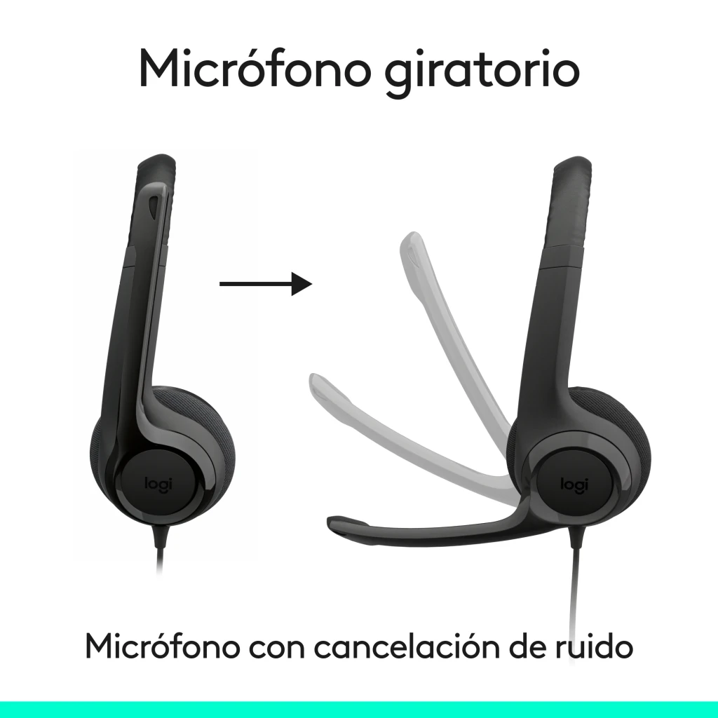 Logitech Auriculares H390 USB-C Negro, vista frontal en ángulo: diadema acolchada, almohadillas y micrófono flexible - Ítem2