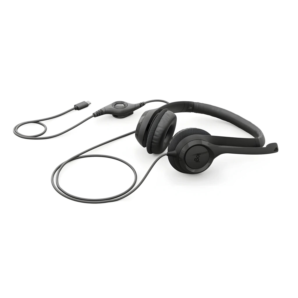 Logitech Auriculares H390 USB-C Negro, vista frontal en ángulo: diadema acolchada, almohadillas y micrófono flexible - Ítem5