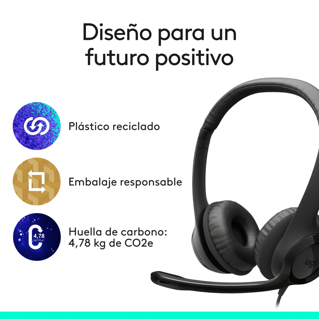 Logitech Auriculares H390 USB-C Negro, vista frontal en ángulo: diadema acolchada, almohadillas y micrófono flexible - Ítem8