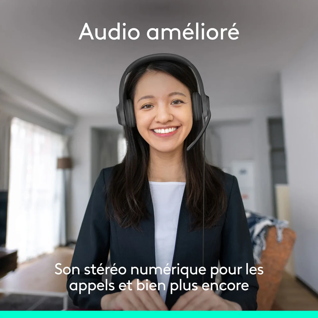 Logitech Auriculares H390 USB-C Negro, vista frontal en ángulo: diadema acolchada, almohadillas y micrófono flexible - Ítem9