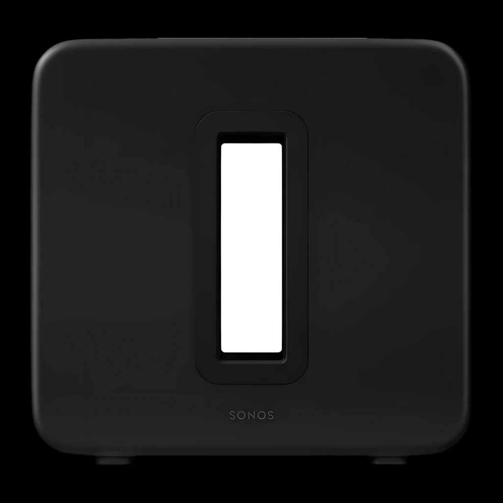 Sonos Sub Gen 4 preto, vista frontal: ranhura vertical central e logótipo Sonos na parte inferior