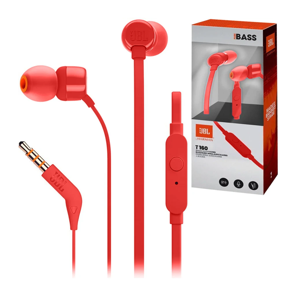 JBL Tune 160 con cable rojo, vista frontal: auriculares intraurales rojos con cable plano y mando en línea - Ítem4