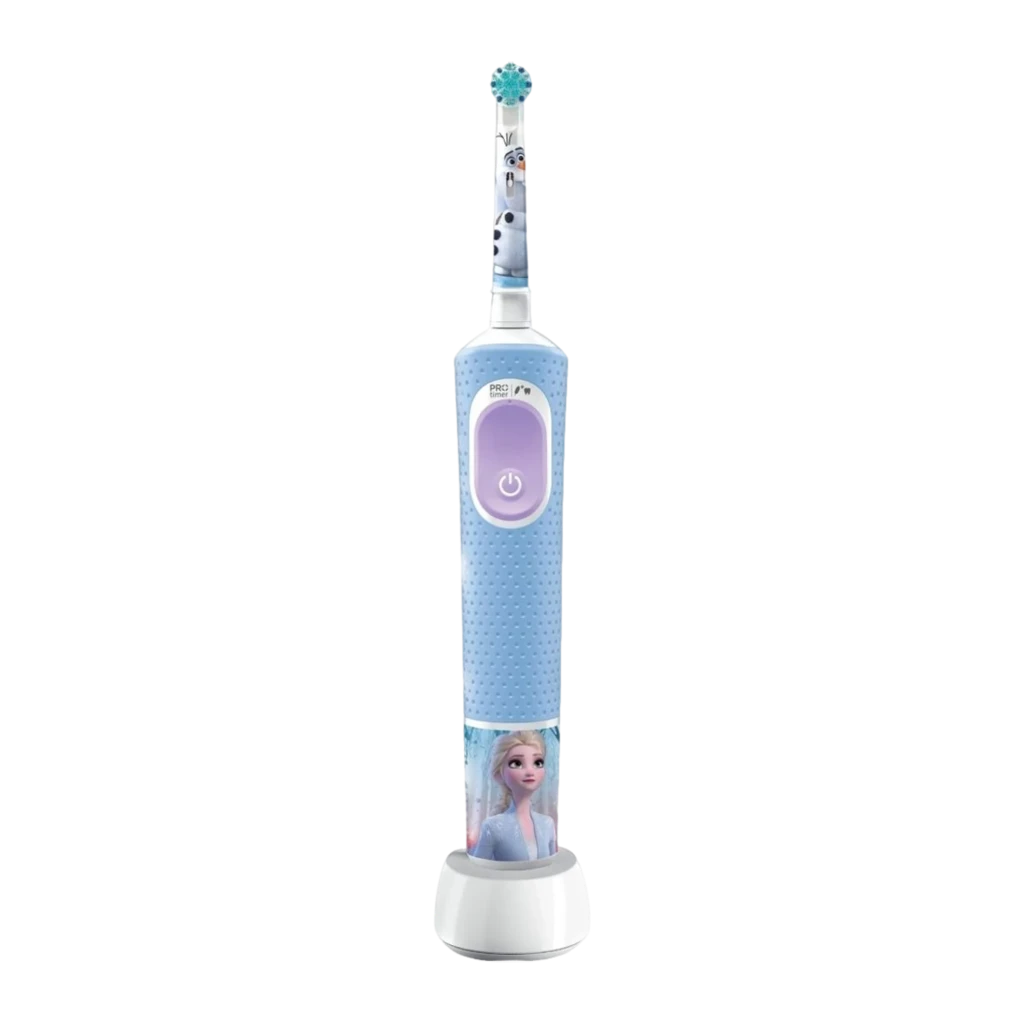 Oral-B Vitality PRO Kids Frozen Multicolor azul, vista frontal: mango azul con Elsa y Olaf, botón morado y base blanca - Ítem