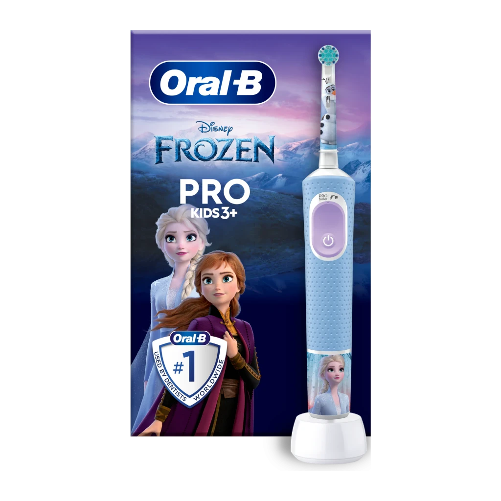 Oral-B Vitality PRO Kids Frozen Multicolor azul, vista frontal: mango azul con Elsa y Olaf, botón morado y base blanca - Ítem1